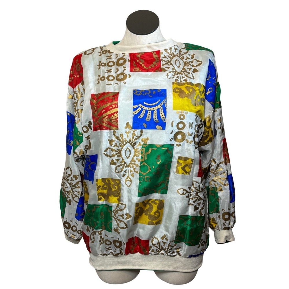 Vintage Multicolor Patchwork Abstract Print Long Sleeve‎ Sweatshirt Size XL